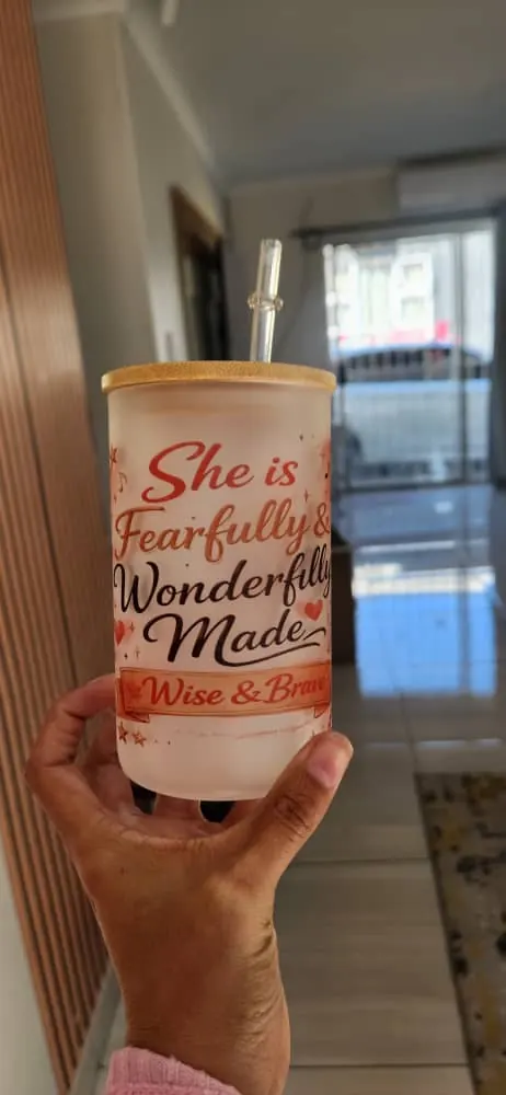 Frosted glass tumbler with bamboo lid printed She Is Fearfully And Wonderfully Made, Wise and Brave