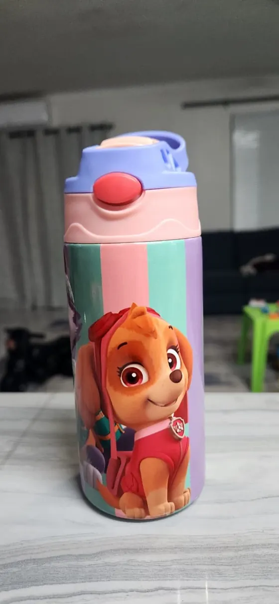 Kids flip-top bottle in pastel stripes printed with a cartoon rescue puppy