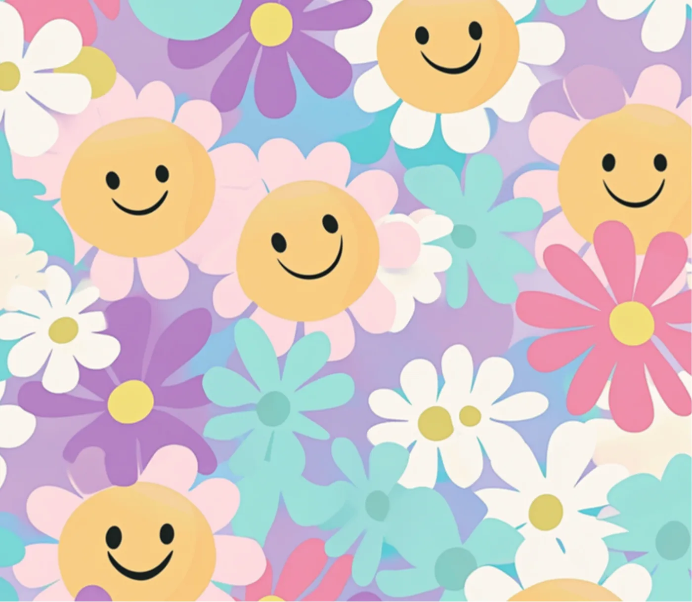 Retro smiley faces and daisies repeating across pastel lilac and pink