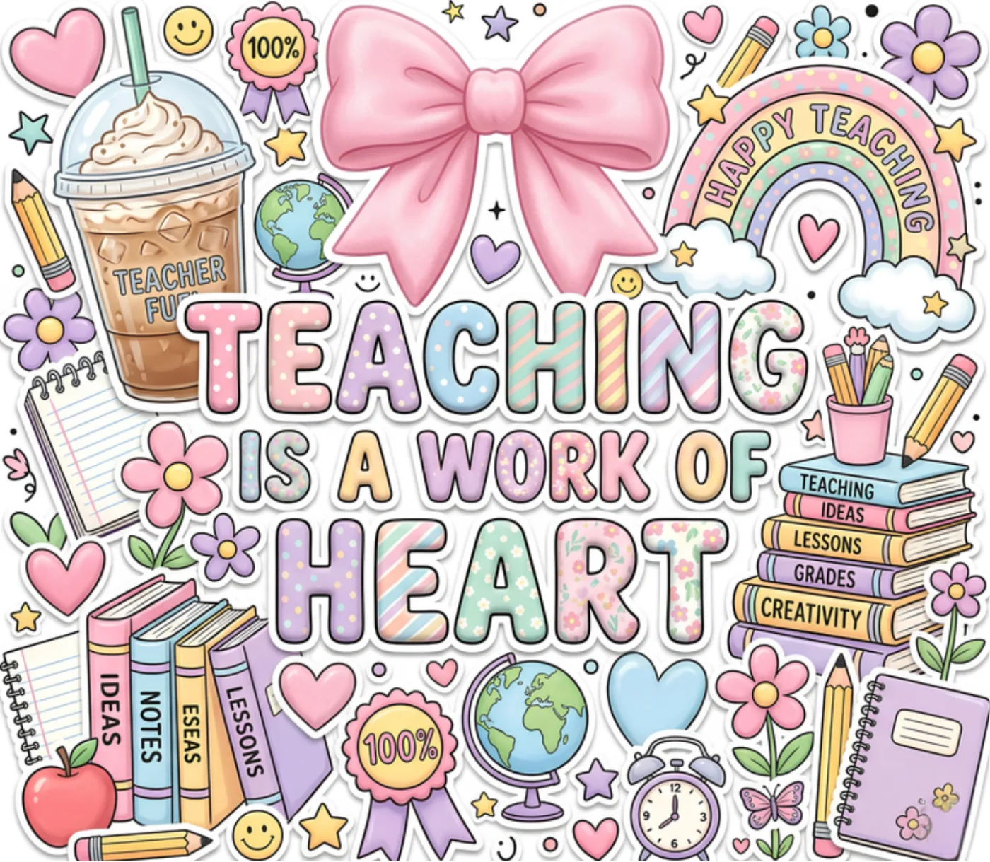 Teacher print reading Teaching Is A Work Of Heart with books, pencils and a bow