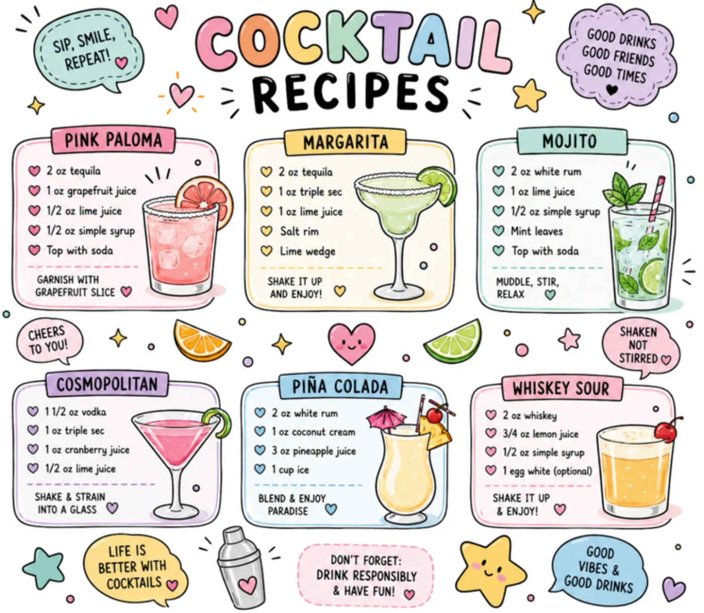 Print of six illustrated cocktail recipes including Margarita, Mojito and Pina Colada