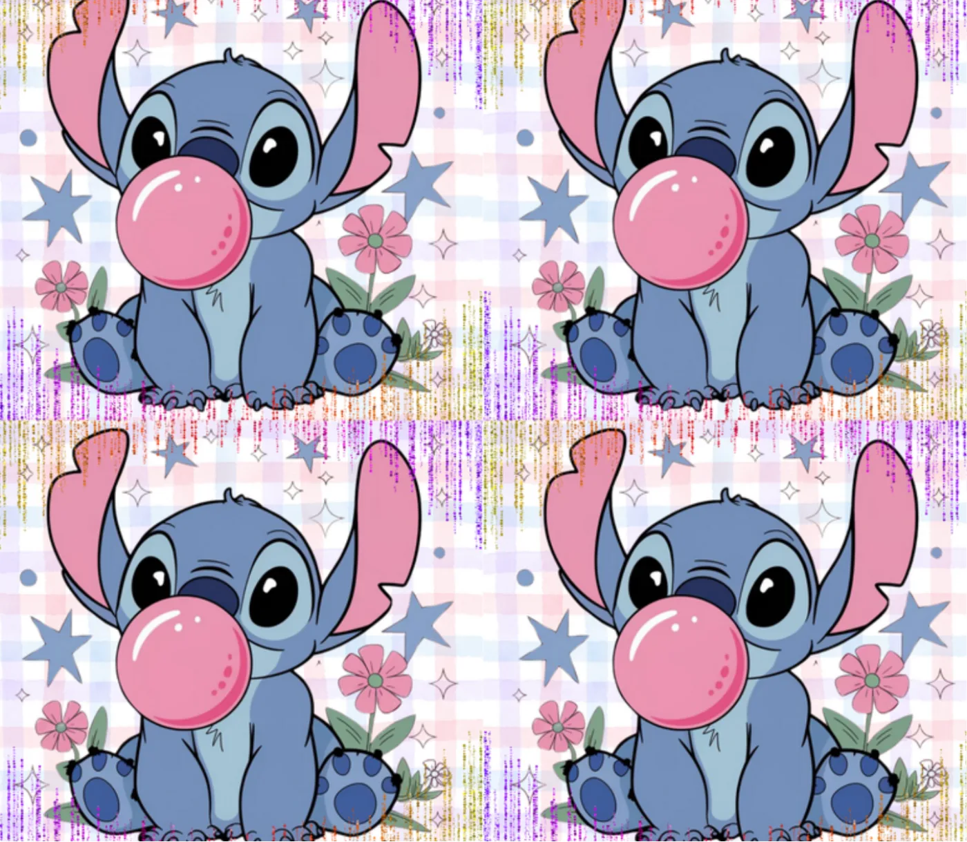 Print of a small blue cartoon alien character blowing pink bubblegum