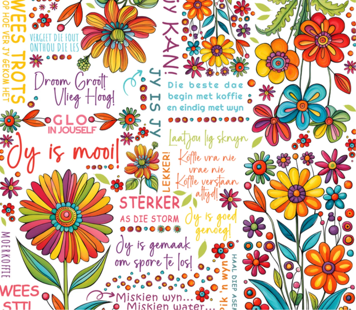 Afrikaans and English floral affirmation print with Jy is mooi and Sterker as jy dink among wildflowers