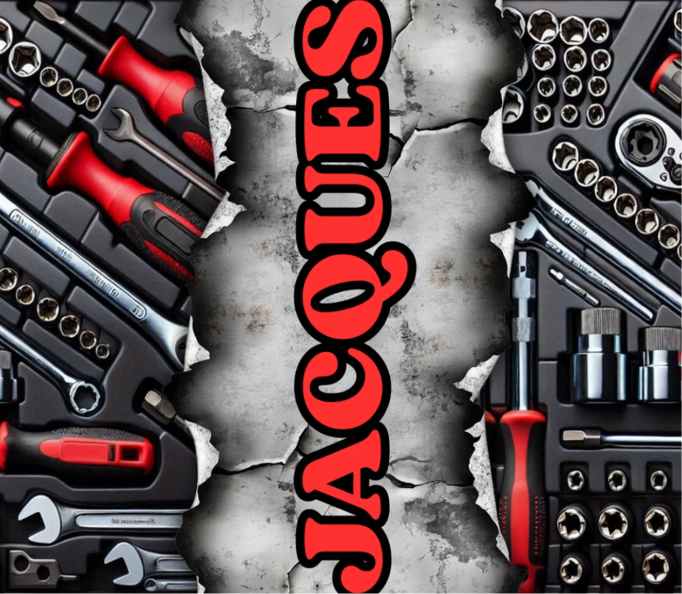 Bold personalised name print set across a dark workshop tool background