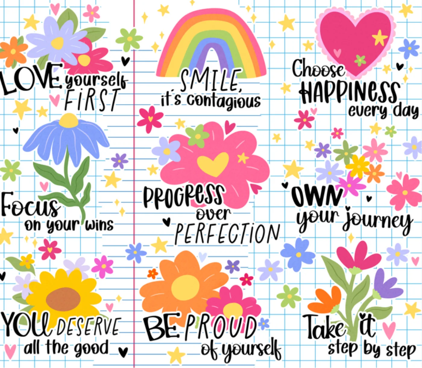 Soft floral print with Love yourself first, Progress over perfection and Own your journey