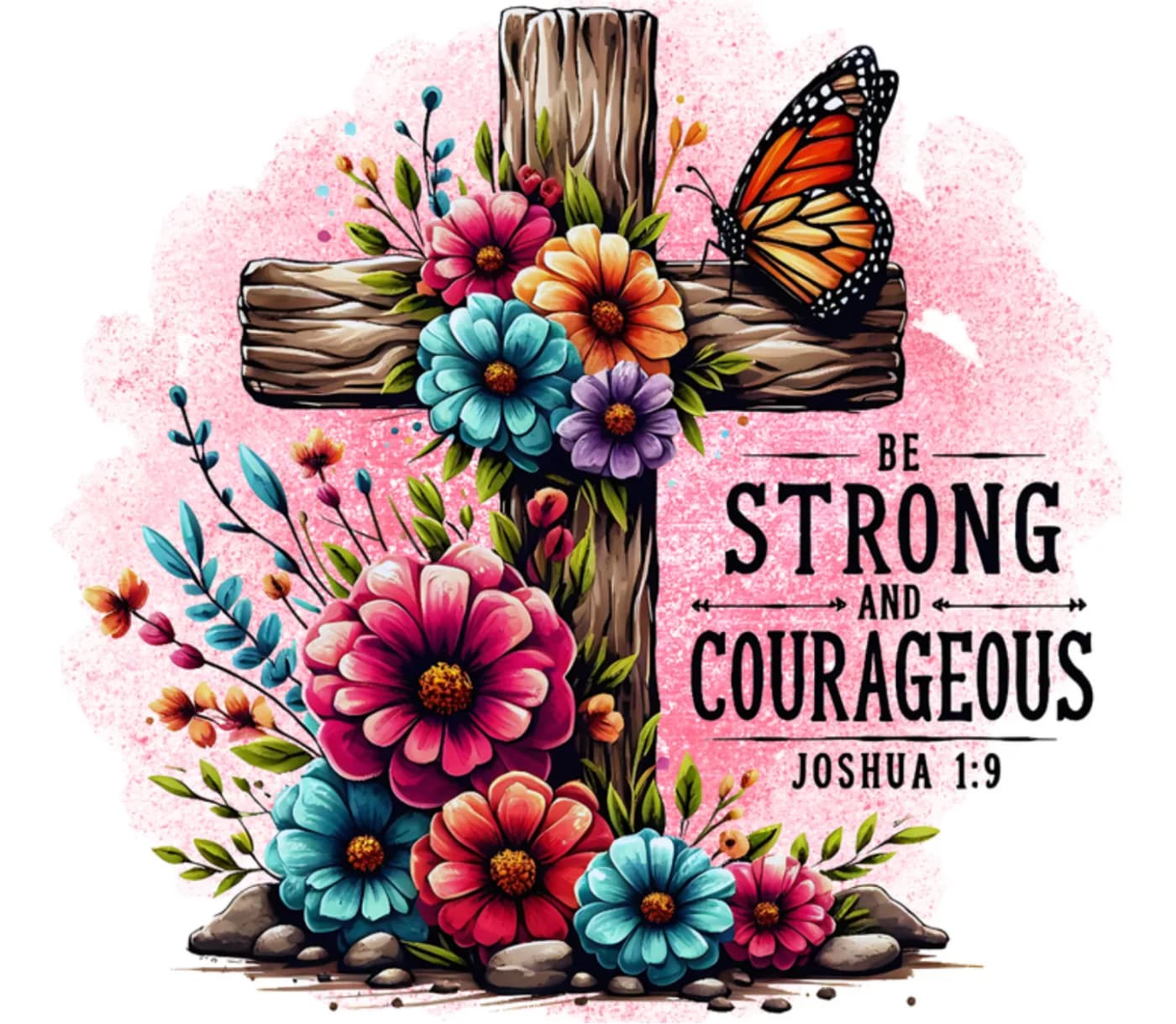 Scripture print reading Be strong and courageous, Joshua 1:9, around a flower-covered cross