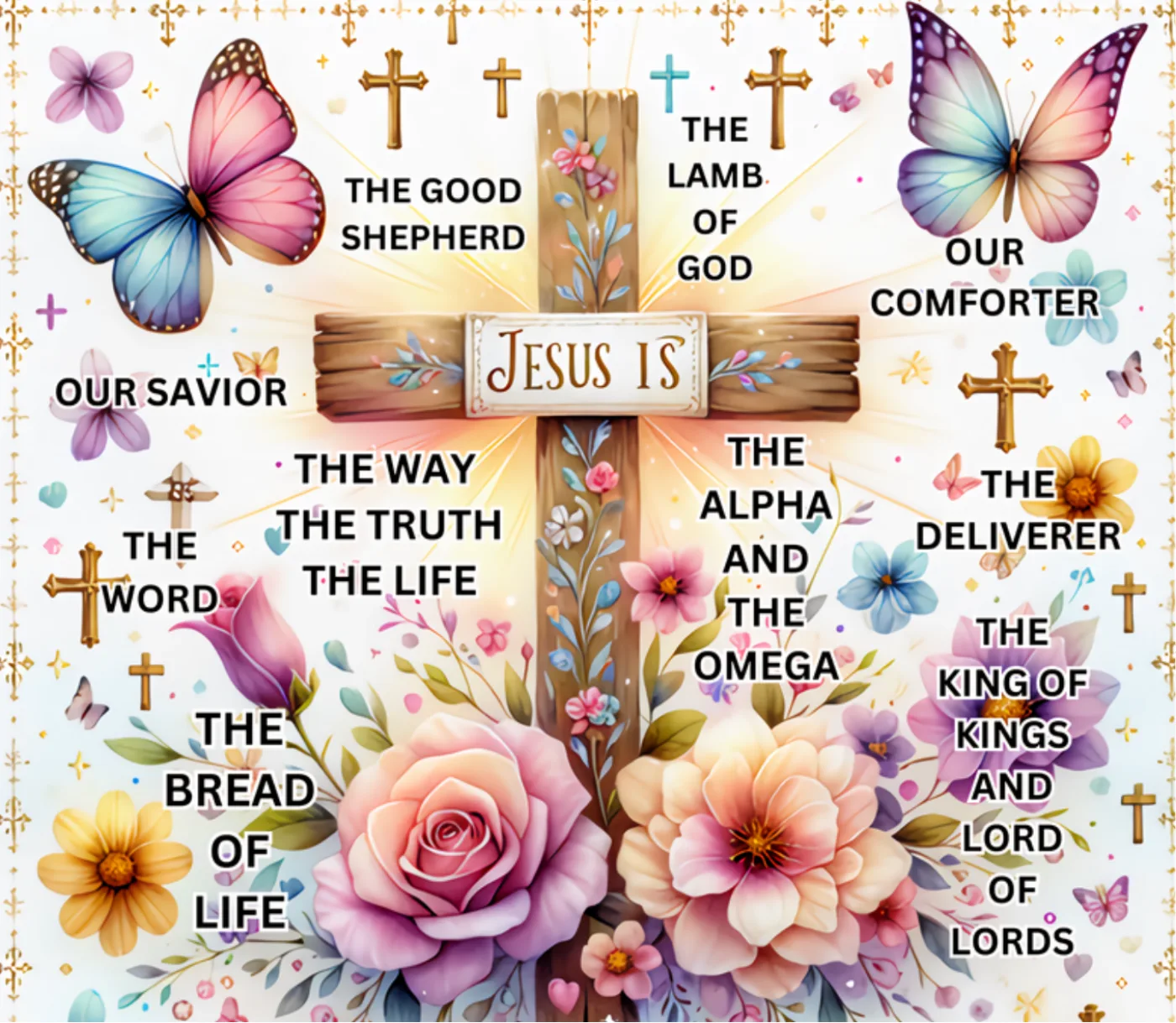 Scripture print naming Jesus as The Good Shepherd, The Alpha and Omega and The Bread of Life around a floral cross