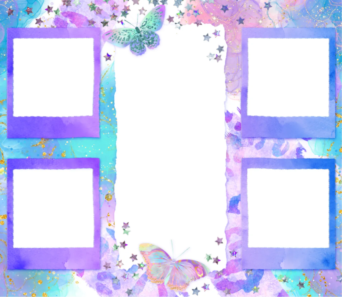 Photo template with four blank panels on a pastel tie-dye background, ready for your pictures