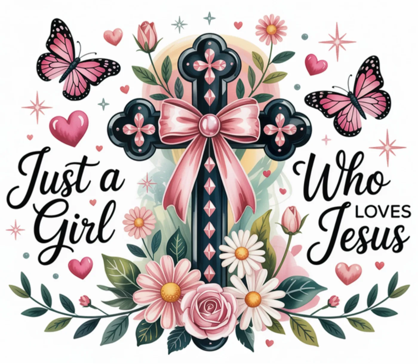 Print reading Just a girl who loves Jesus with a floral cross and roses