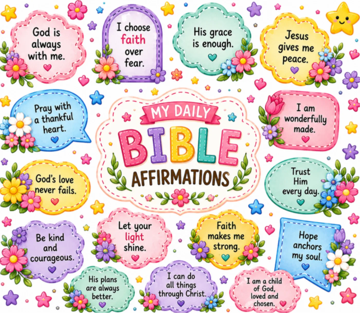 Print of scripture affirmation cards including God's love never fails and Faith over fear