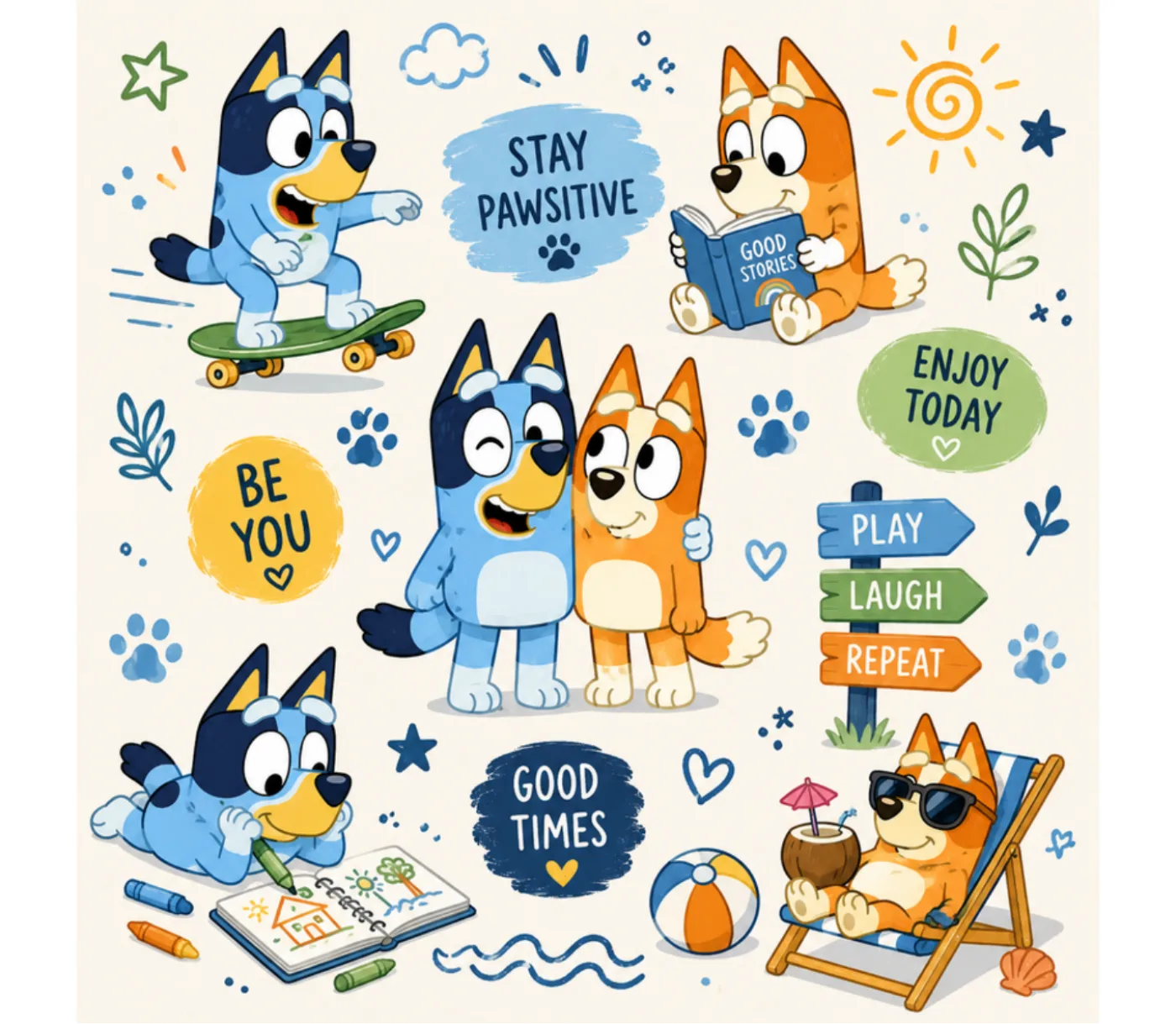 Print with a blue cartoon dog family reading Stay pawsitive, Be you and Good times