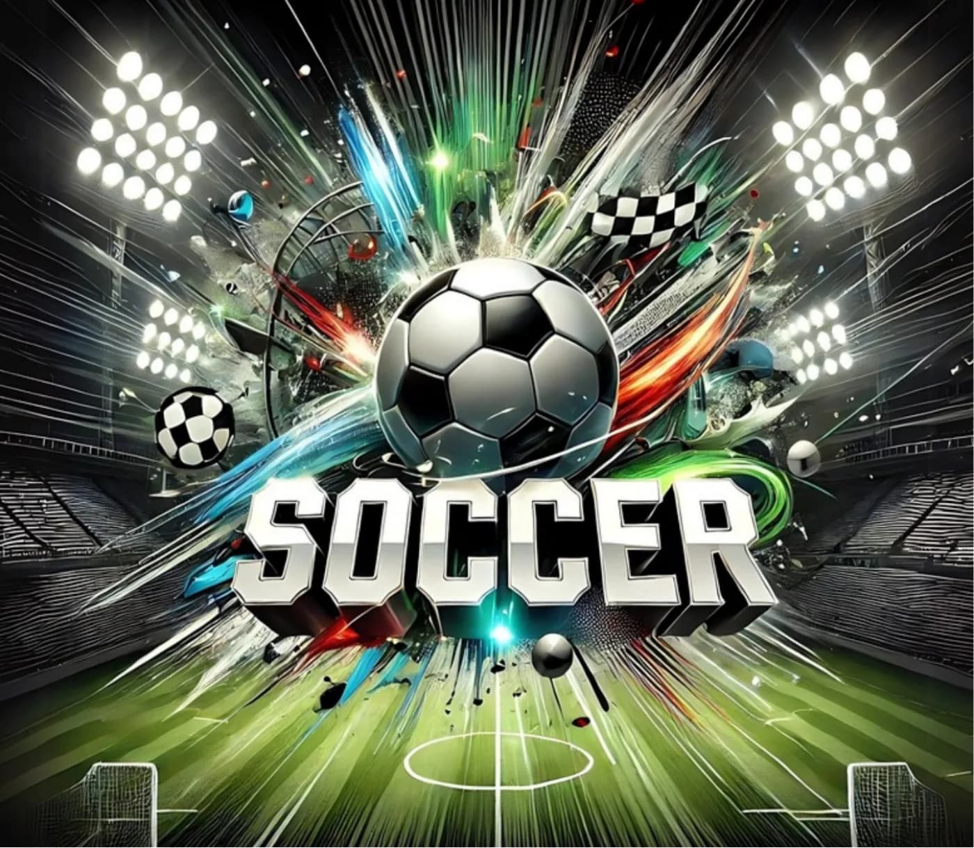 Print of a football bursting through a floodlit stadium reading Soccer