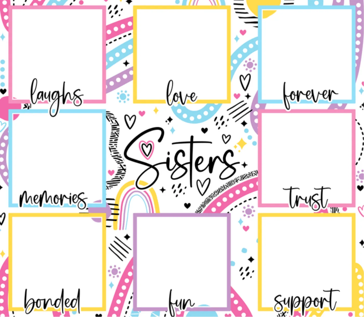 Photo template with nine blank panels labelled laughs, love, forever, memories and trust