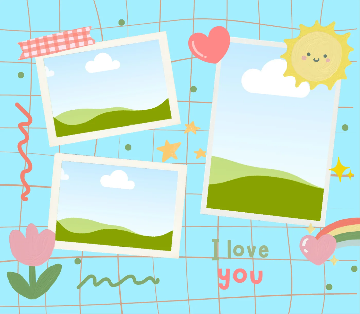 Photo template with three blank panels, clouds, hearts and I love you lettering