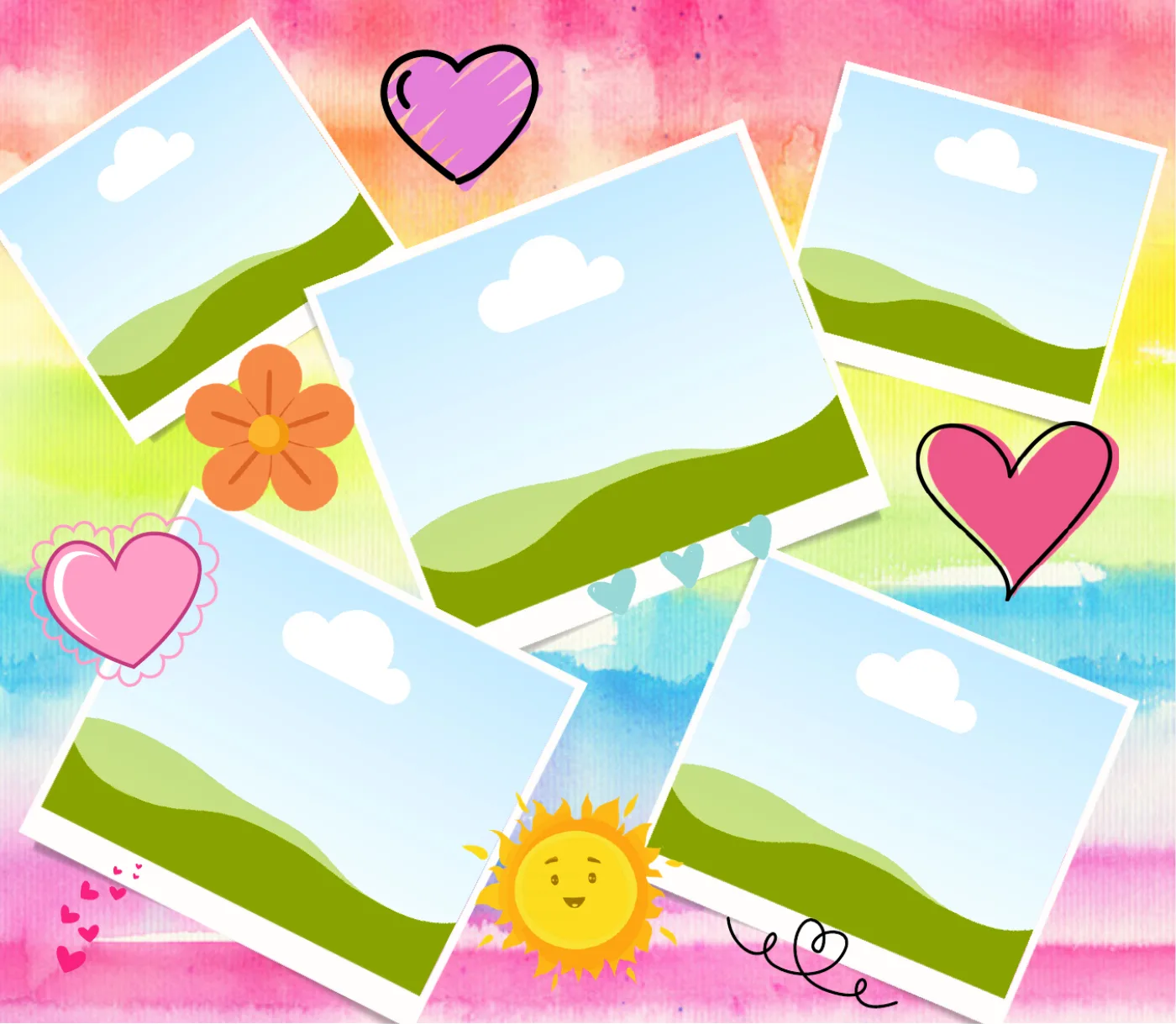 Photo template with three blank panels, hearts and a smiling sun on pink