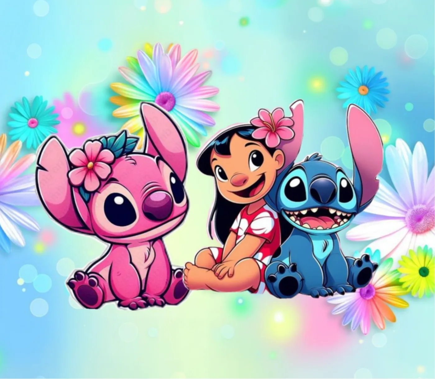Print with a blue cartoon alien, a pink alien and an island girl among flowers