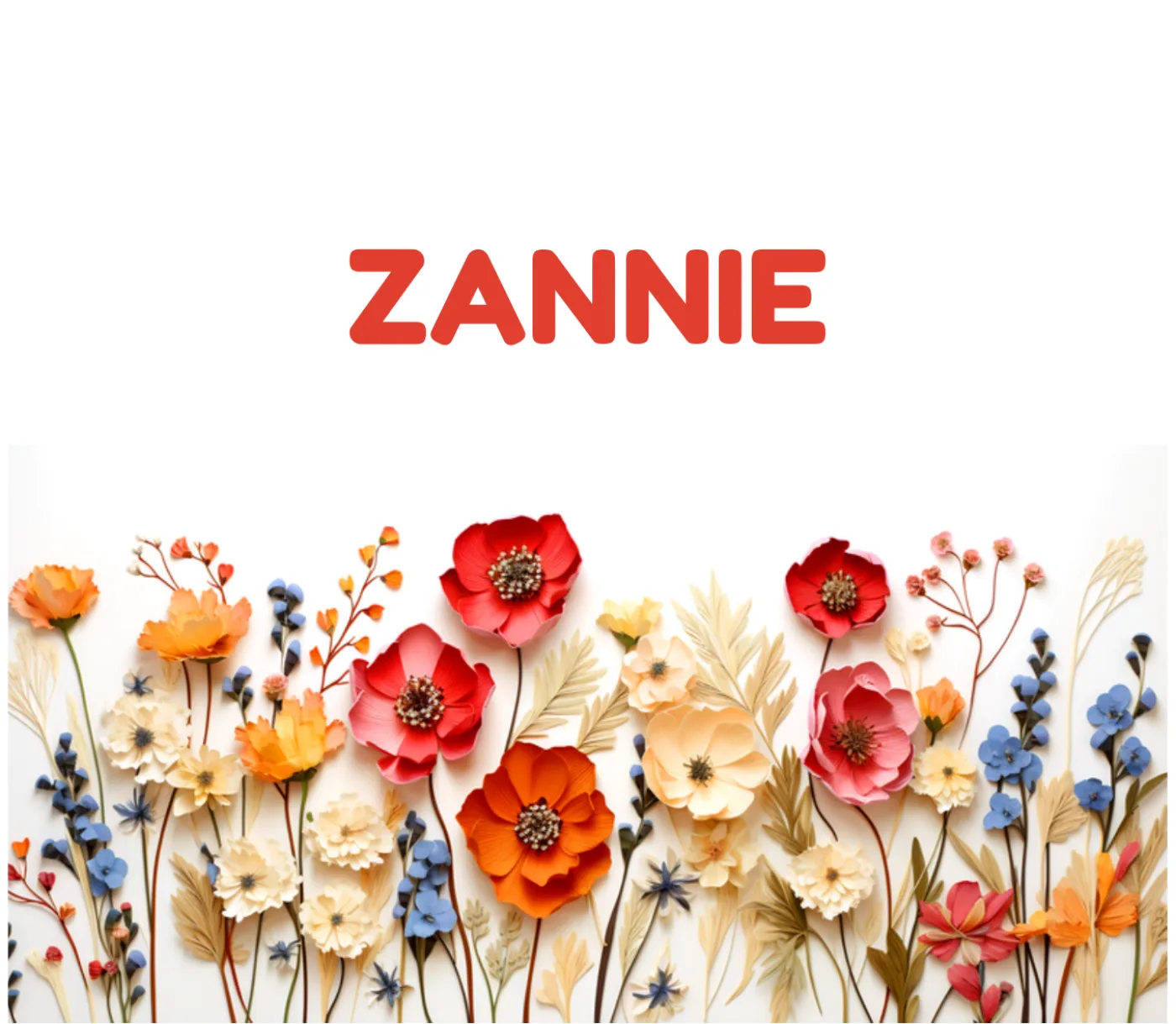 Personalised name print in bold red type across a poppy and wildflower meadow