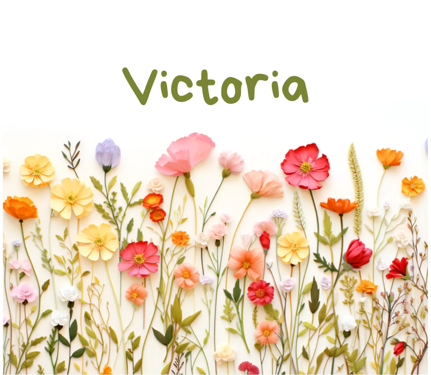 Personalised name print in soft green script across a pastel wildflower meadow