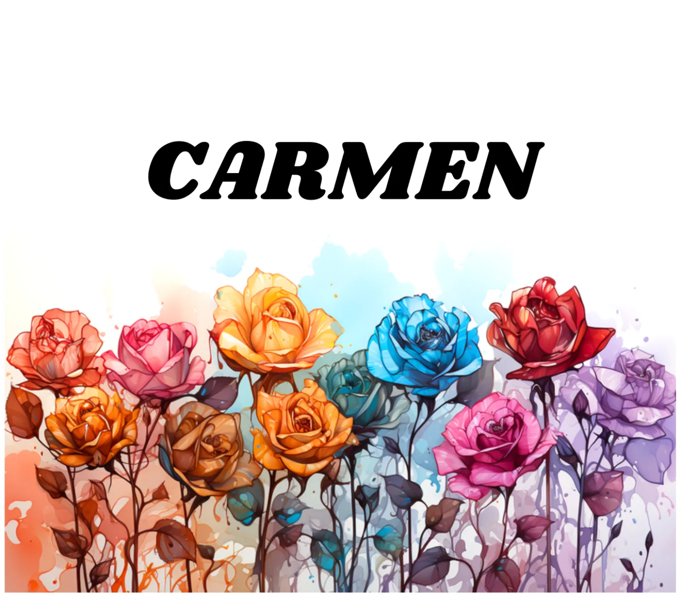 Personalised name print in heavy black type across full-bloom roses