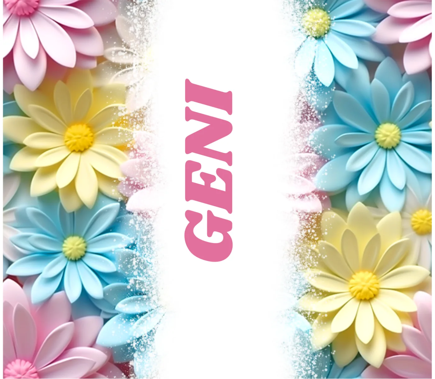 Personalised name print in pink type between borders of layered daisies