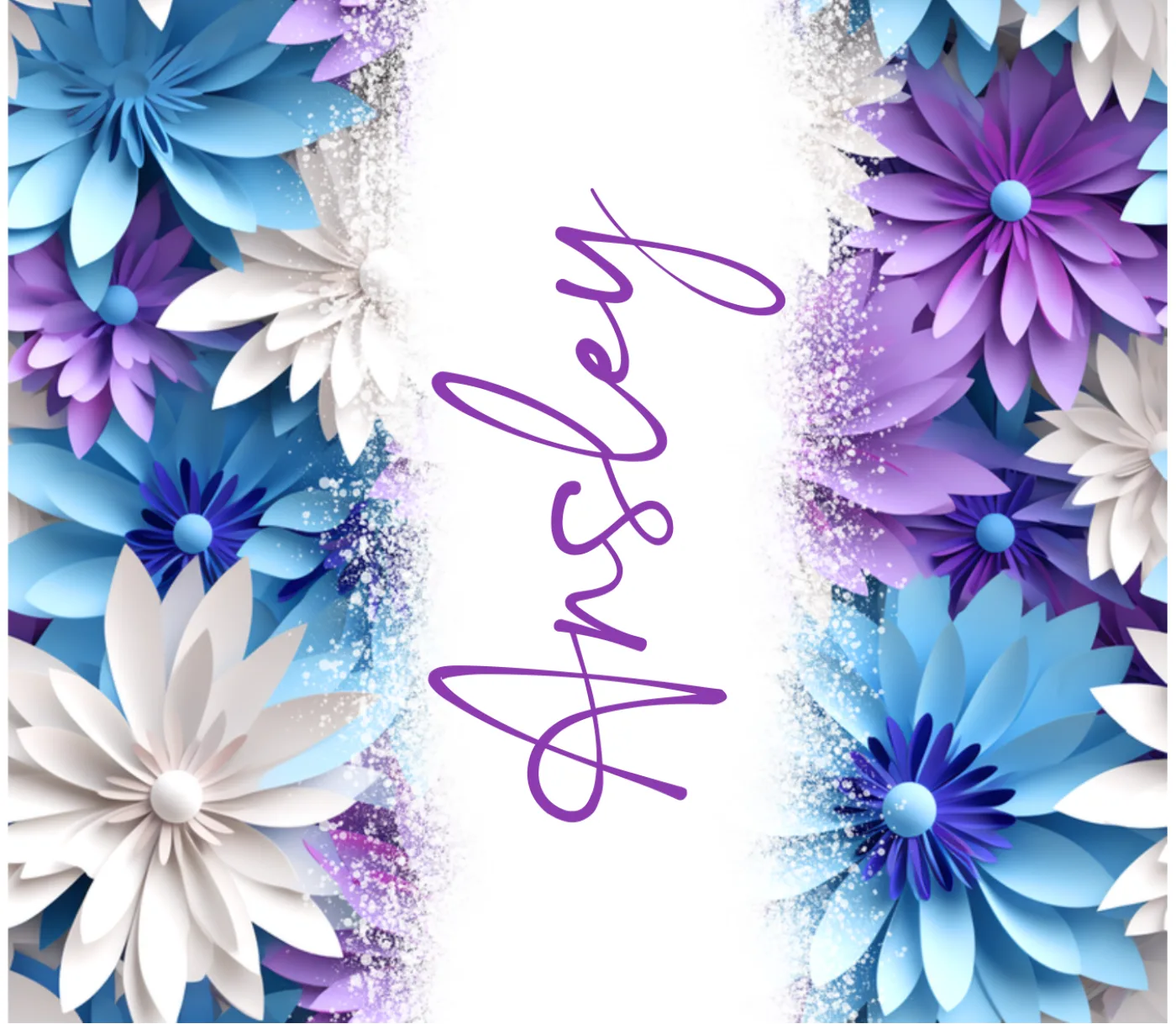 Personalised name print in purple script between borders of purple and white flowers