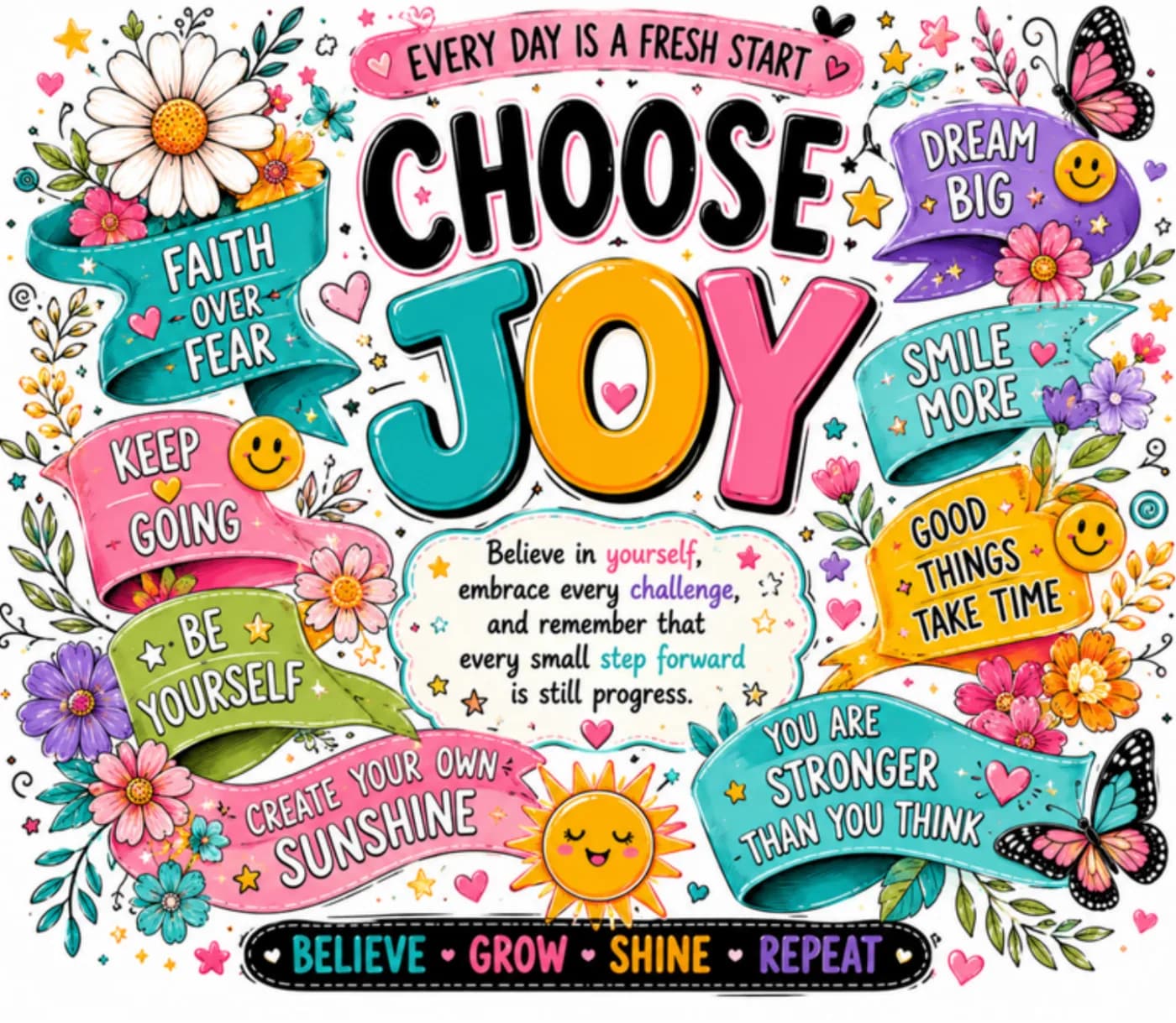 Bright print reading Choose Joy with Faith over fear, Dream big and Every day is a fresh start