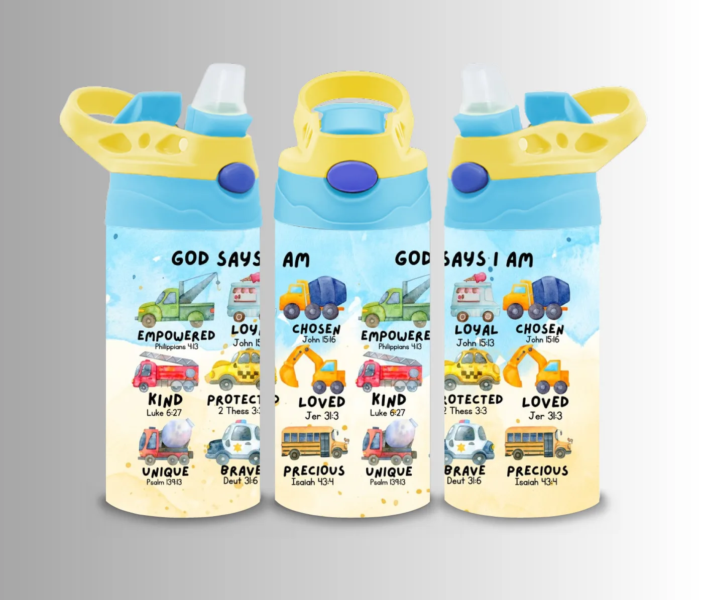 Kids flip-top bottle wrap reading God Says I Am with scripture affirmations for children