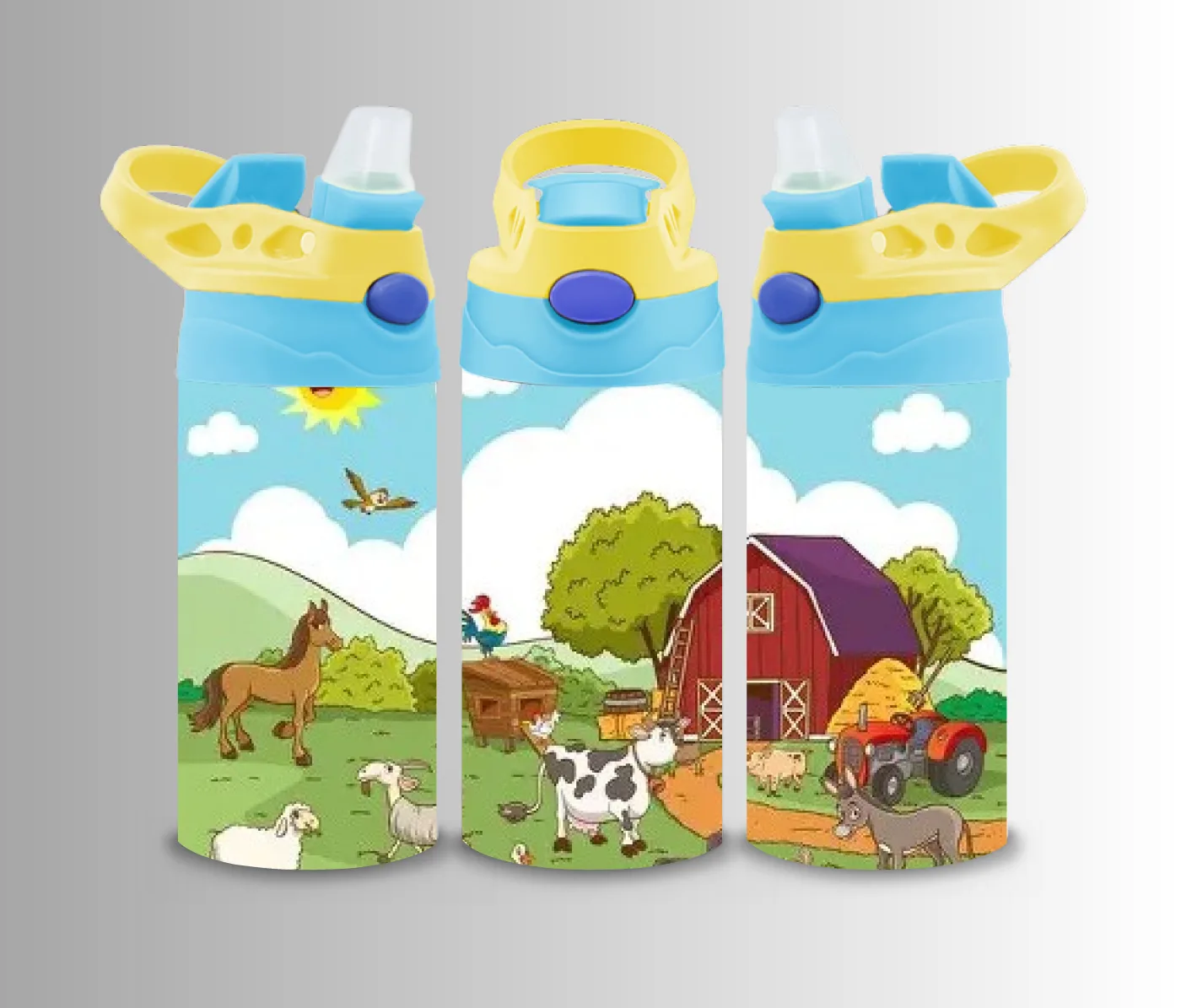 Kids flip-top bottle wrap with a wide farm landscape of horses, cattle and a tractor