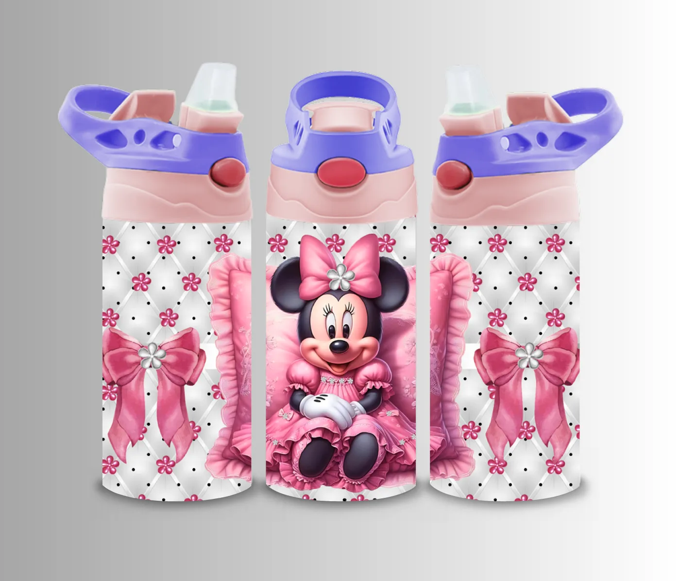 Kids flip-top bottle wrap with a bow-wearing cartoon mouse on soft pink polka dots