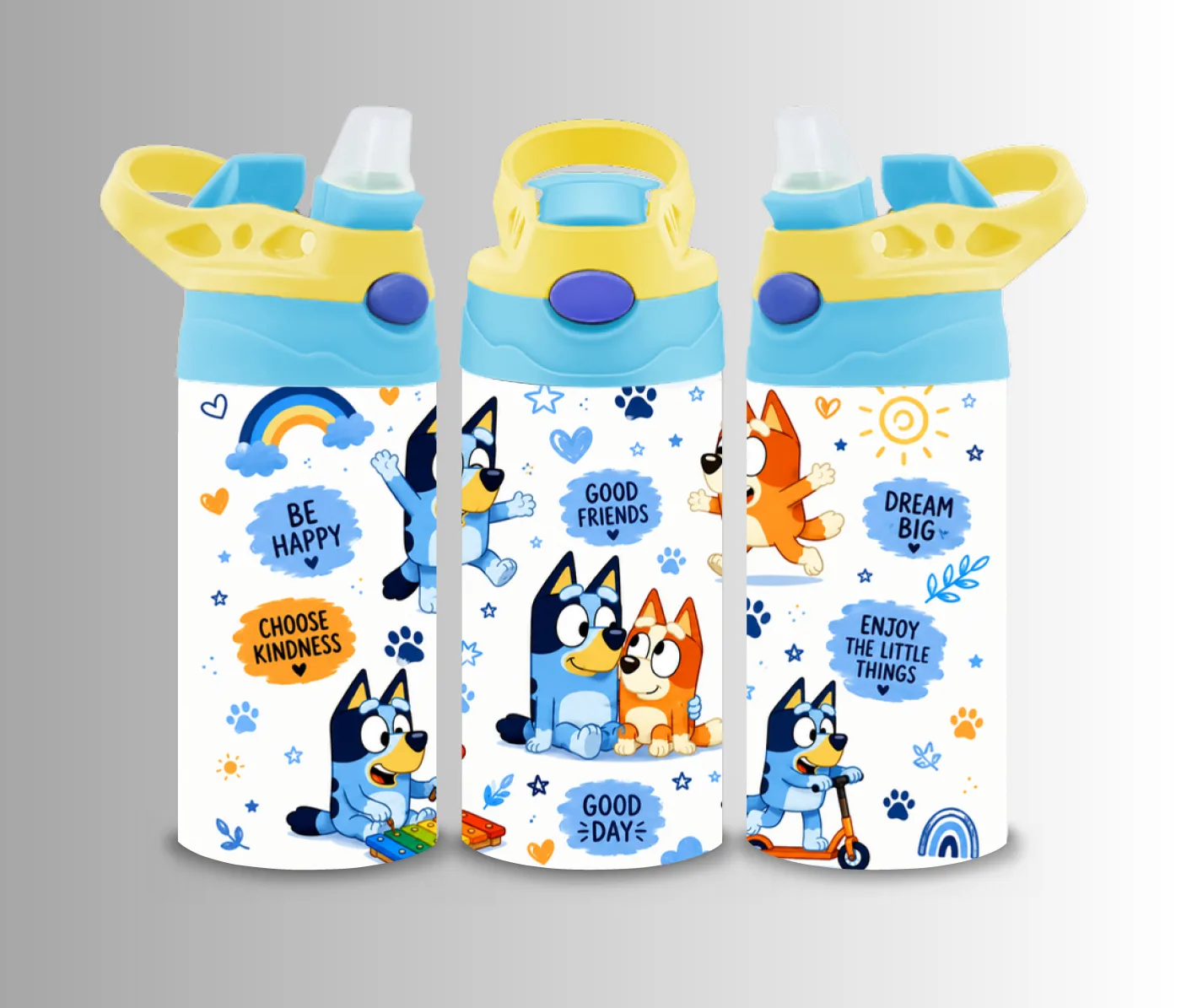 Kids flip-top bottle wrap with a blue cartoon dog family, rainbows and Good Days lettering