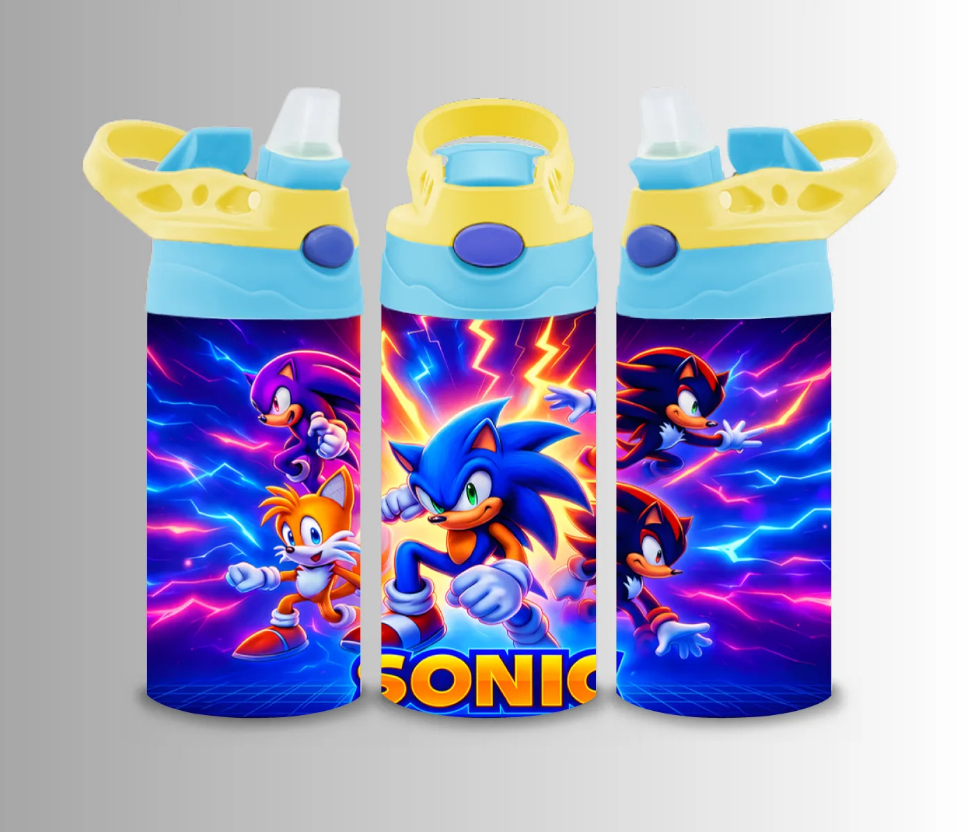 Kids flip-top bottle wrap with a blue cartoon hedgehog in neon racing colours