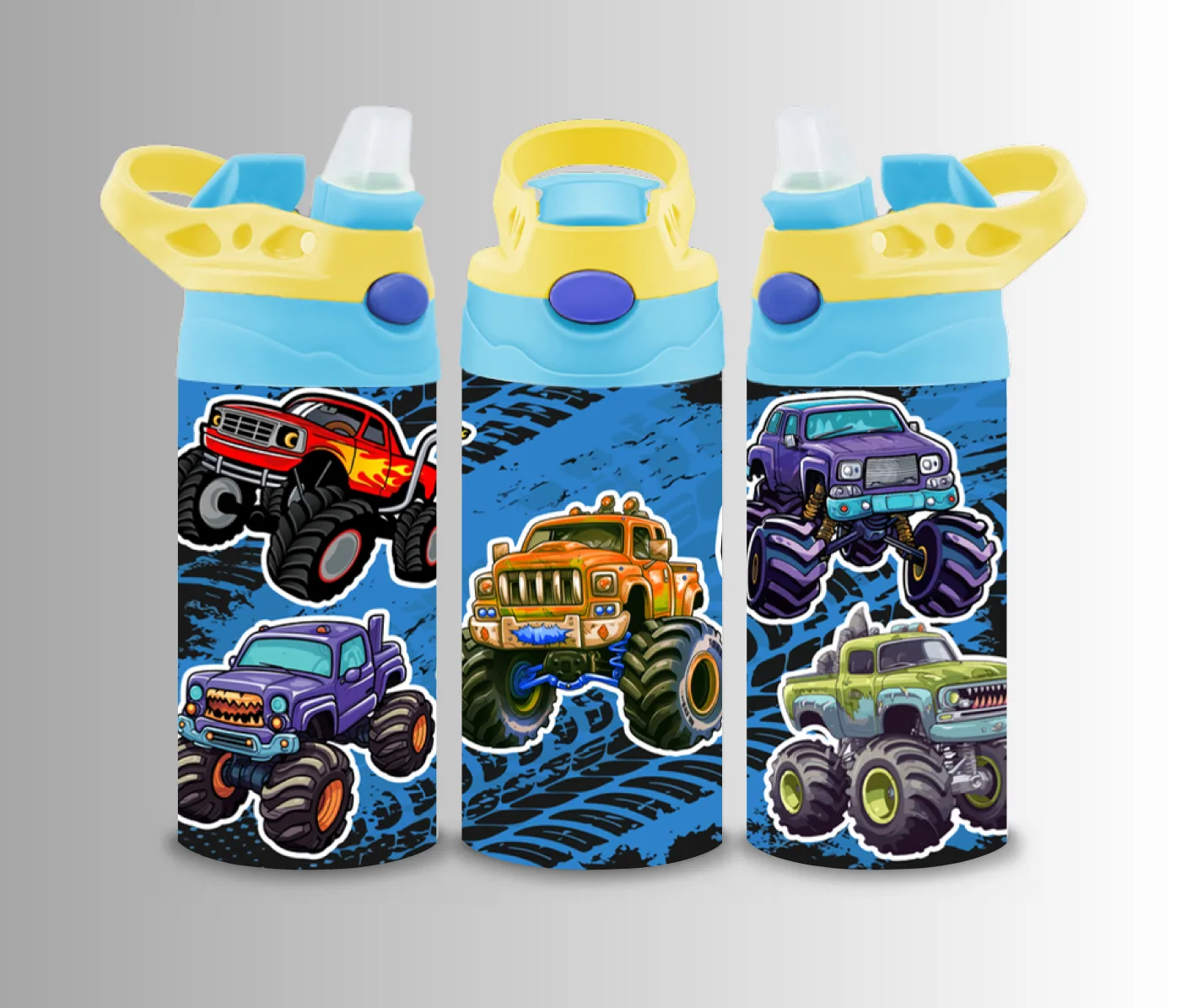Kids flip-top bottle wrap with monster trucks and construction machines on a dark grid
