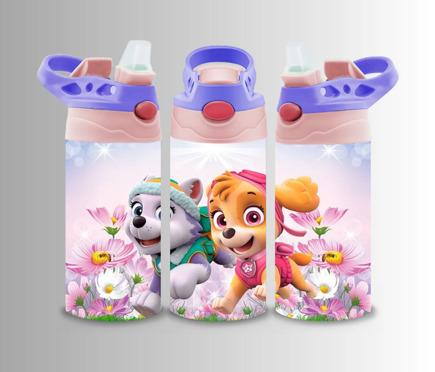 Kids flip-top bottle wrap with cartoon rescue puppies in a flower meadow