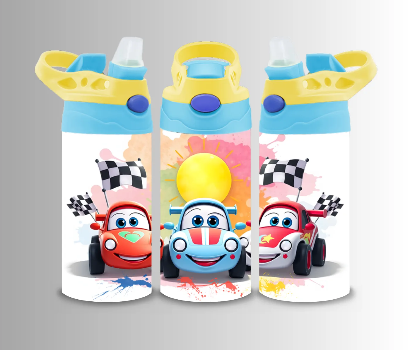 Kids flip-top bottle wrap with cartoon racing cars, chequered flags and balloons