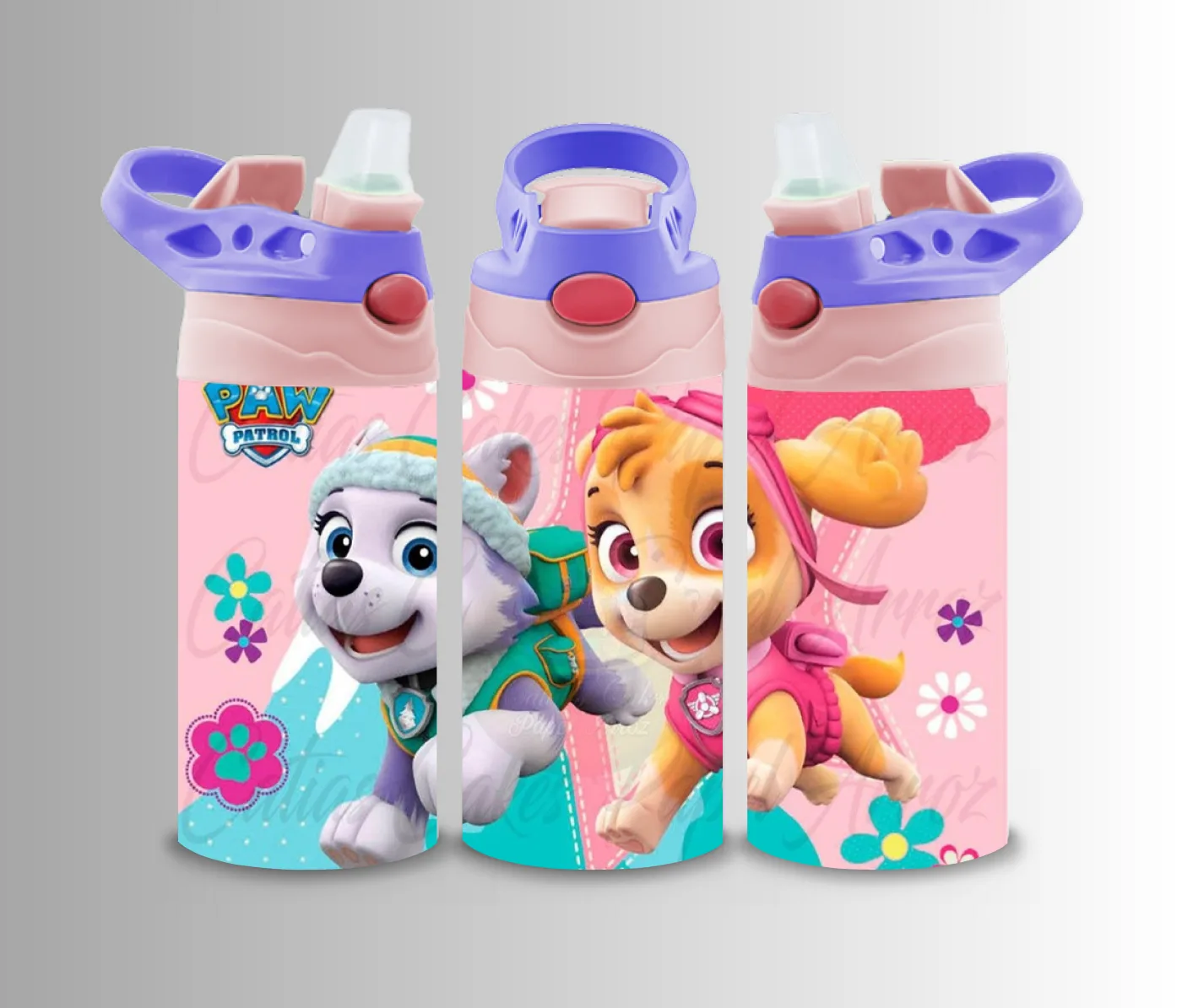 Kids flip-top bottle wrap with cartoon rescue puppies on a pink floral background