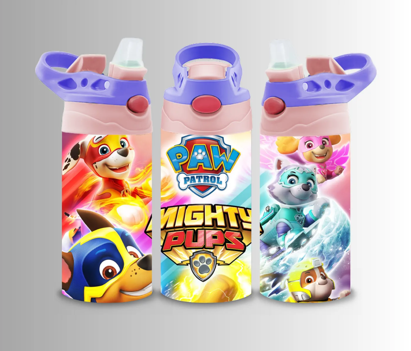 Kids flip-top bottle wrap with a cartoon rescue puppy team in hero costume