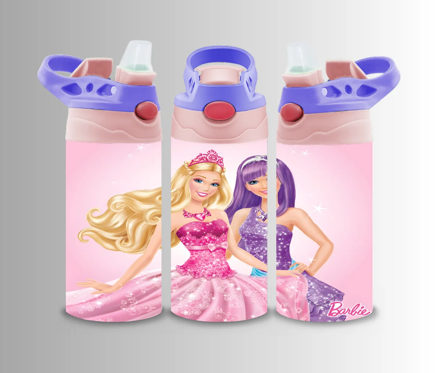 Kids flip-top bottle wrap with fashion dolls in pink and purple ballgowns
