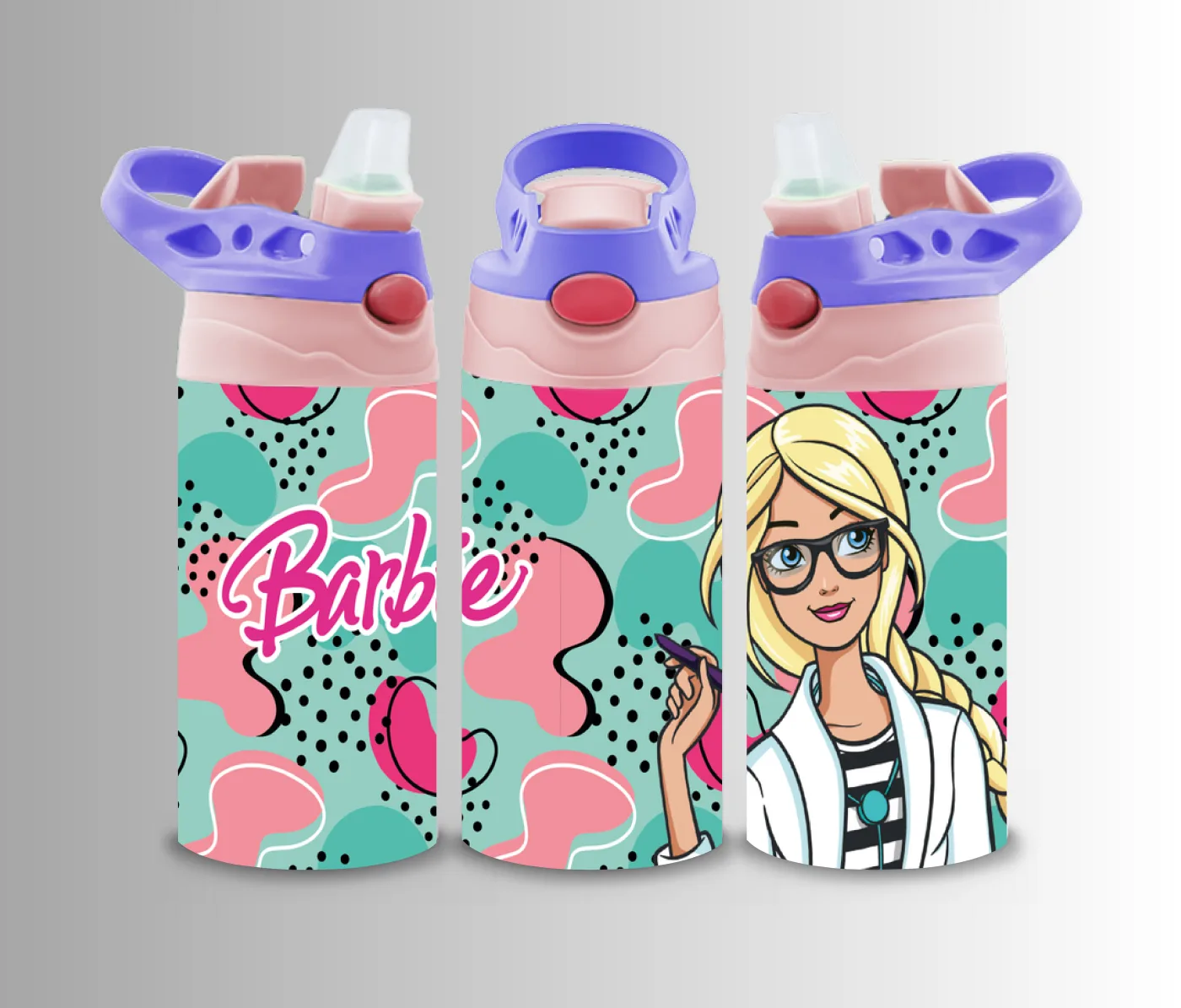 Kids flip-top bottle wrap with a fashion doll on mint and pink memphis shapes