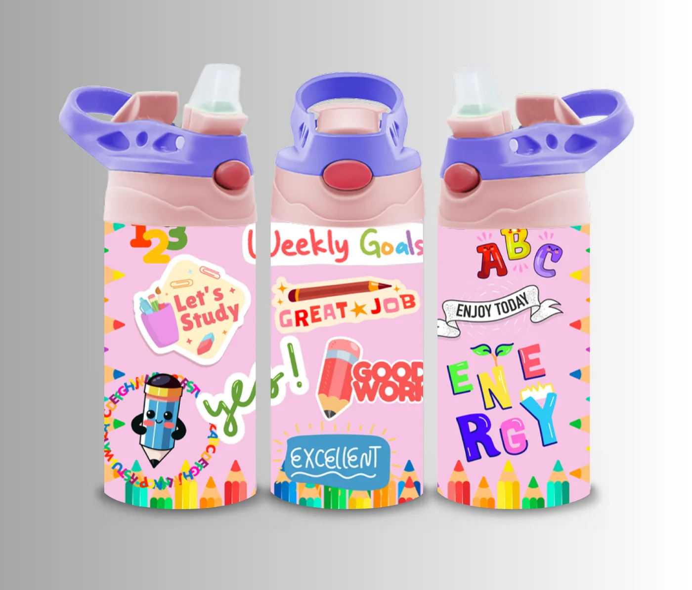 Kids flip-top bottle wrap of Weekly Goals stickers with alphabet and reward badges
