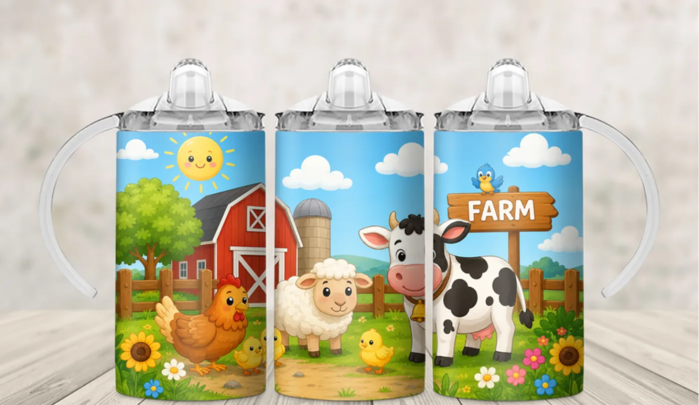 Kids sippy cup wrap with cartoon chickens, sheep and a cow in a green farmyard