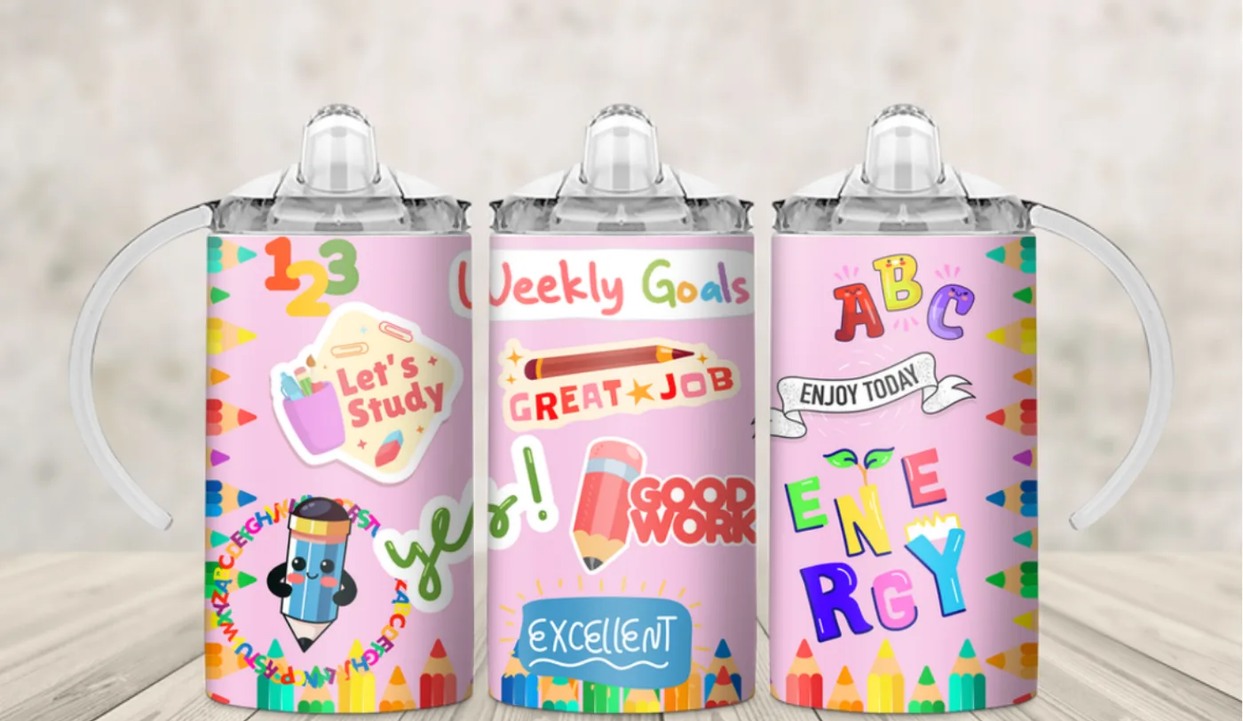 Kids sippy cup wrap of pink study stickers reading Let's Study and Great Job