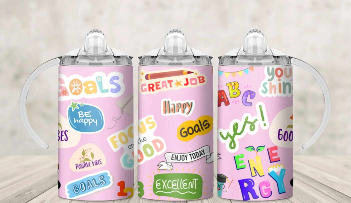 Kids sippy cup wrap of reward stickers reading Goals, Happy and Excellent