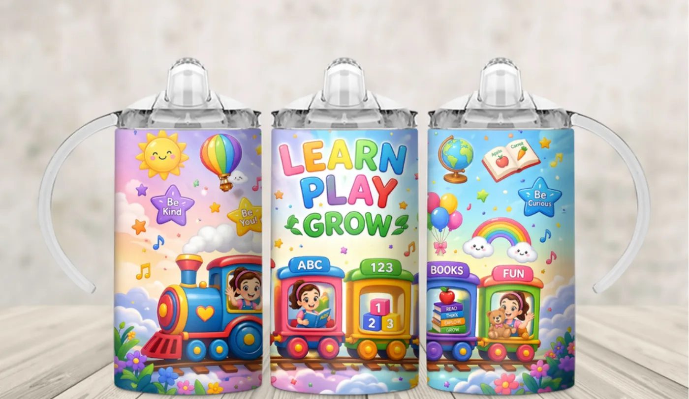 Kids sippy cup wrap reading Learn Play Grows with a rainbow train and stars