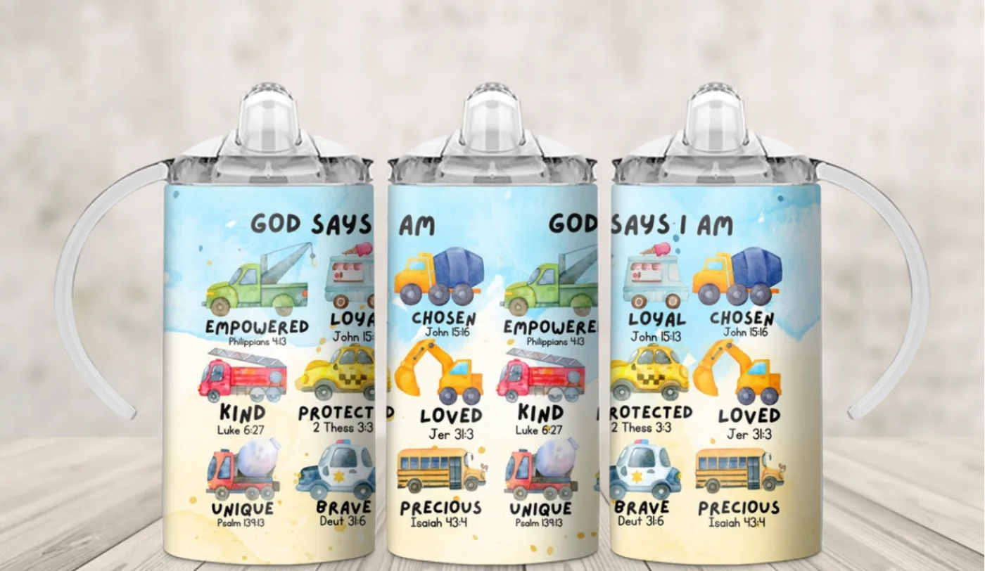 Kids sippy cup wrap reading God Says I Am with scripture cards for children