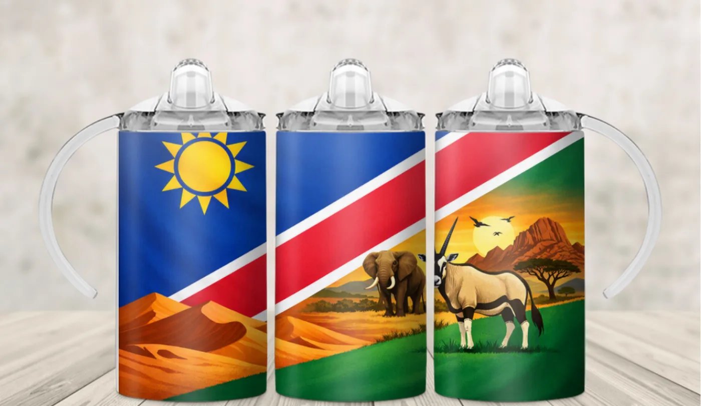 Kids sippy cup wrap with the Namibian flag, red dunes and desert wildlife