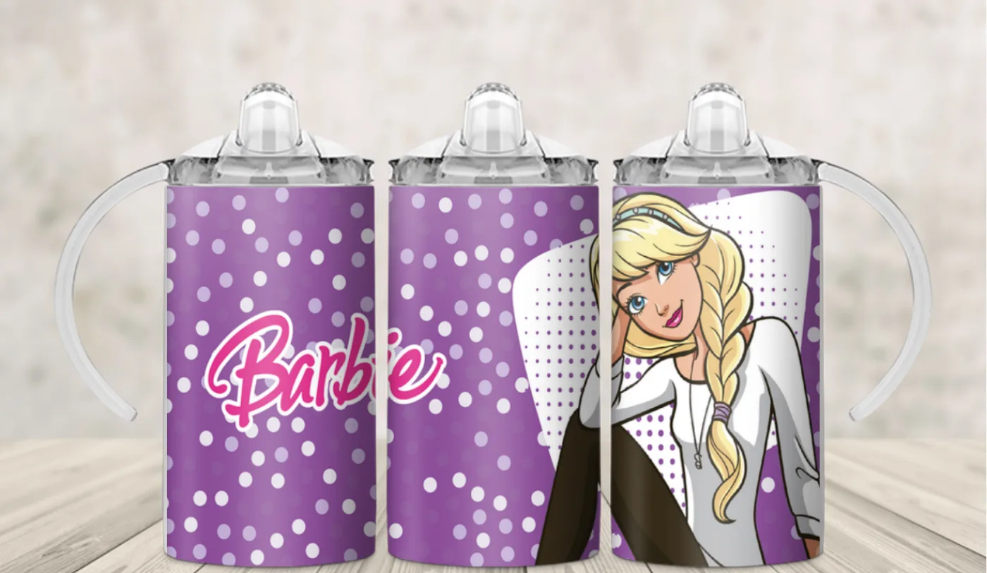 Kids sippy cup wrap with a fashion doll on purple with script lettering