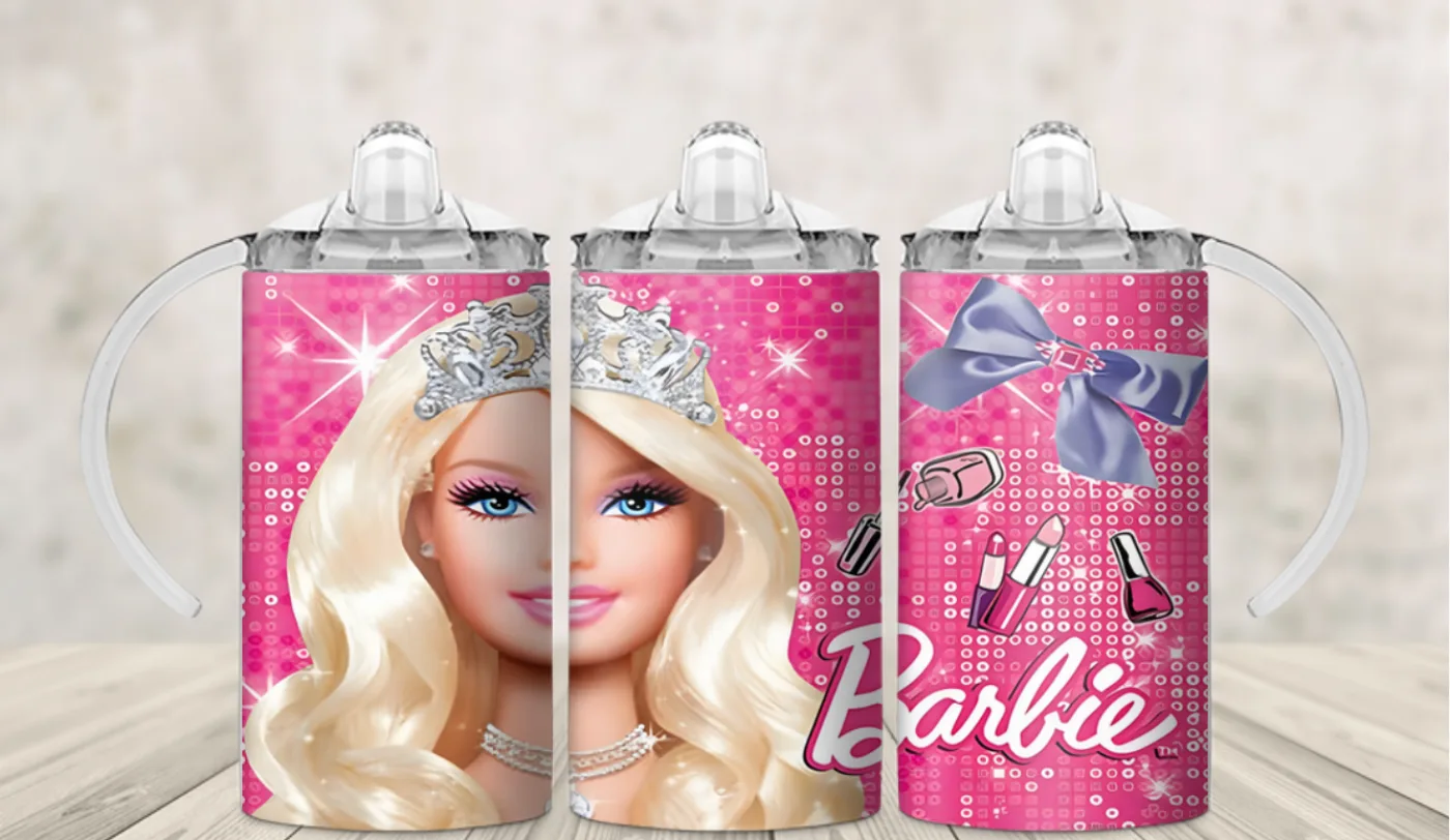 Kids sippy cup wrap with a fashion doll princess in a tiara on sparkling pink