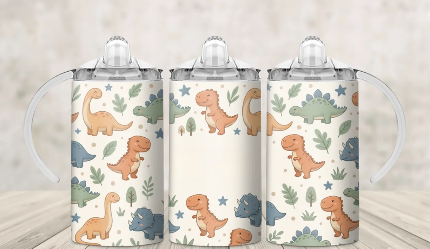 Kids sippy cup wrap with small pastel dinosaurs and ferns on cream