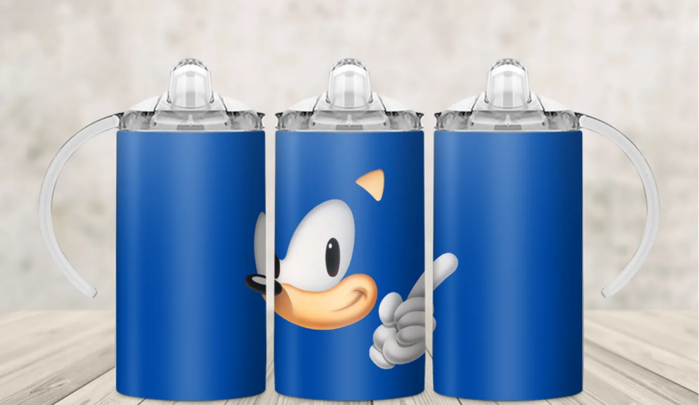 Kids sippy cup wrap with a blue cartoon hedgehog pointing, on royal blue