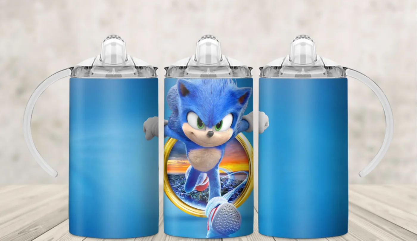 Kids sippy cup wrap with a blue cartoon hedgehog holding a gold ring